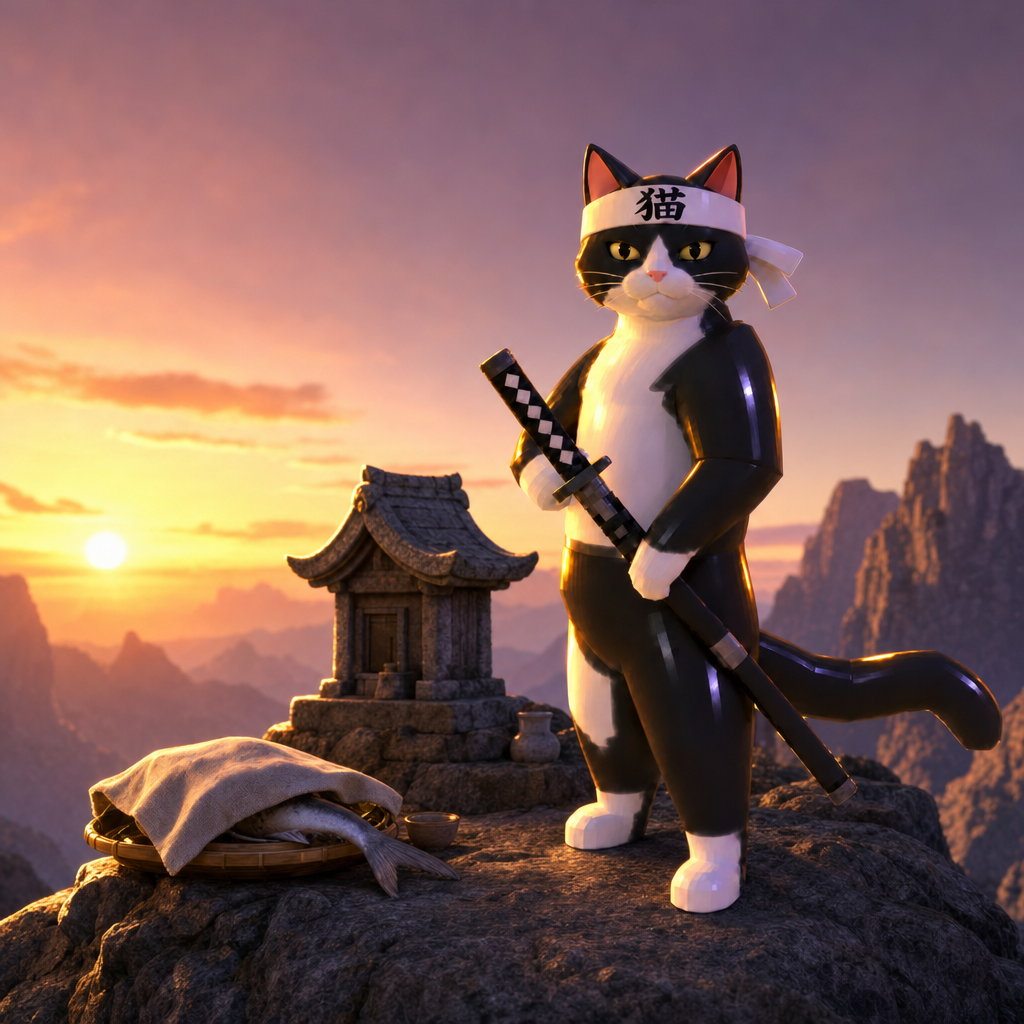 Samurai Cat standing on a mountain ridge at sunset beside a small stone shrine and a basket of fish